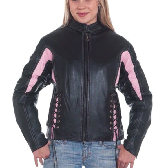 Zony Inc Leather Motorcycle Jacket Black With Pink Racing Stripes Medium - Picture 1 of 16